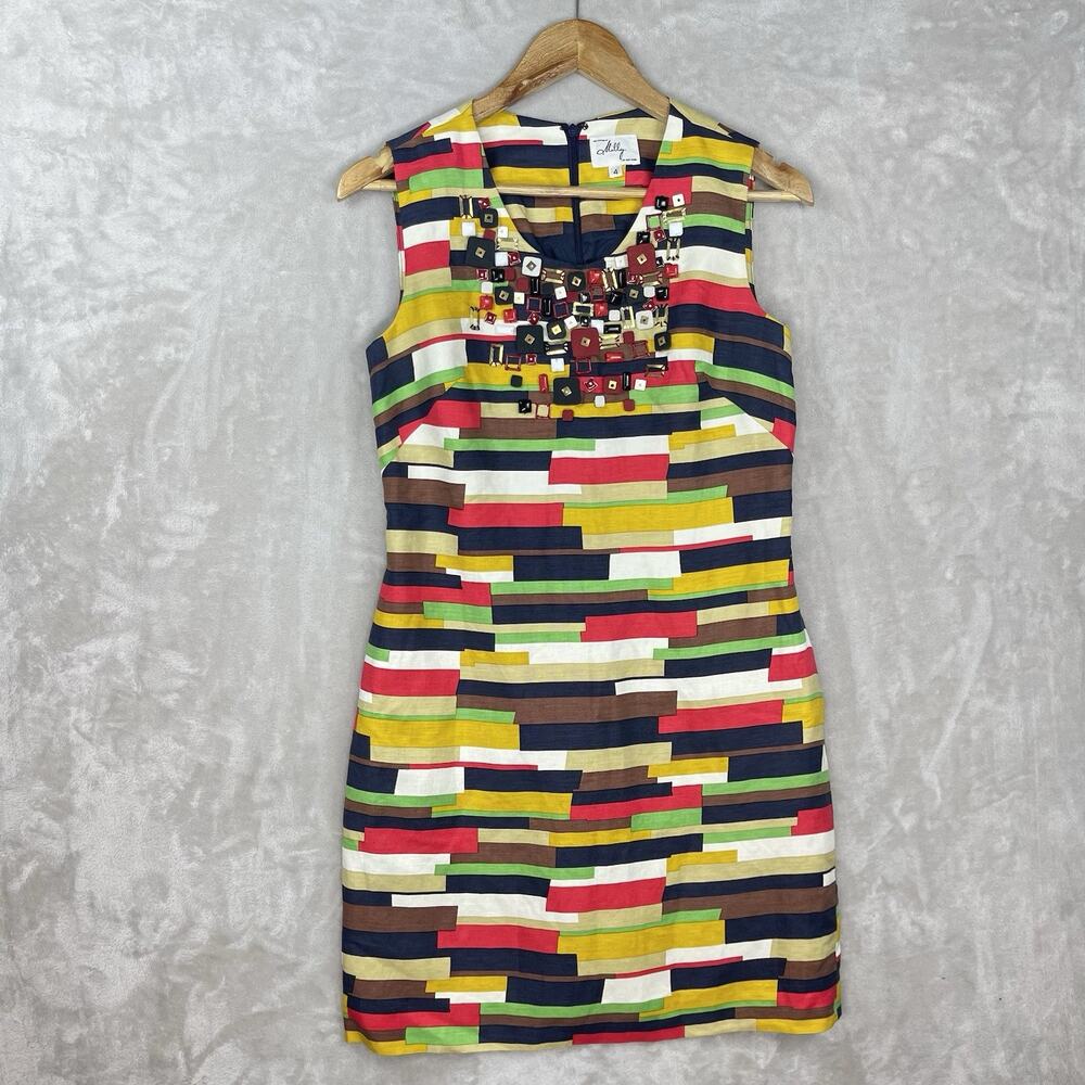 Original Milly Of New York Silk Linen Dress Size 4 Geometric Beaded Maximalism
